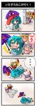  &gt;_&lt; 4koma :d animal_ears bad_id bad_pixiv_id blonde_hair blue_eyes blue_hair cat_ears cat_tail chibi closed_eyes comic flandre_scarlet heterochromia karakasa_obake kemonomimi_mode multiple_girls open_mouth peeking_out purple_umbrella red_eyes remilia_scarlet shinjitsu short_hair siblings side_ponytail silent_comic sisters smile surprised tail tatara_kogasa tongue touhou umbrella xd 