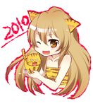  2010 aisaka_taiga animal_costume animal_ears animal_print blush brown_eyes brown_hair cat_ears costume fang flat_chest long_hair mochizuki_mina one_eye_closed open_mouth palmtop_tiger smile solo tiger tiger_costume tiger_ears tiger_print toradora! 