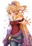  blonde_hair blue_eyes breasts cape cleavage detached_sleeves final_fantasy final_fantasy_vi hands jewelry large_breasts mi_miko_and_ri_riko pantyhose solo tina_branford 