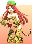  2010 animal_ears animal_print bare_shoulders bikini blush braid fang hat hong_meiling kemonomimi_mode kneeling long_hair open_mouth paws red_eyes red_hair ryuutansai smile solo swimsuit tail thighhighs tiger_paws tiger_print tiger_tail touhou twin_braids 