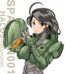  :p ahoge armor background_text black_eyes black_hair blush breasts error genderswap halo halo_(game) halo_3 headwear_removed helmet helmet_removed long_hair master_chief power_armor spartan(halo) spartan_(halo) tongue tongue_out 