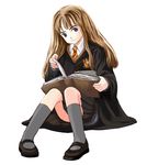  aida_yuu book harry_potter hermione_granger holding holding_book long_hair long_sleeves mary_janes open_book pleated_skirt reading robe school_uniform shoes skirt socks solo 