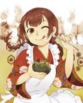  ;q apron bad_id bad_pixiv_id bowl braid brown_eyes brown_hair cherry food freckles fruit hexagon ice_cream japanese_clothes kimono long_hair numa_(pixiv172411) one_eye_closed original solo spoon tongue tongue_out twin_braids 