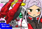  bent_over blush chibi furigana gn_archer gundam gundam_00 mecha rounded_corners silver_hair solo soma_peries studiokougubako tsundere yellow_eyes 