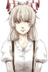  annoyed bow fujiwara_no_mokou grey_hair gyorai hair_bow hair_ribbon lips portrait red_eyes ribbon simple_background solo suspenders touhou 