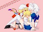  back bad_id bad_pixiv_id blonde_hair blush flandre_scarlet girl_sandwich hat hug izayoi_sakuya kirisame_marisa loup-garou multiple_girls one_eye_closed ribbon sandwiched thighhighs touhou 