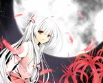  bad_id bad_pixiv_id bow feathers flower fujiwara_no_mokou full_moon hair_bow long_hair madara_hio moon orange_eyes red_eyes solo spider_lily star touhou white_hair 