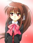  bow brown_hair little_busters! long_hair mutsuki_masato natsume_rin pink_bow ponytail red_eyes school_uniform solo 