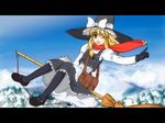  bag blonde_hair broom broom_riding gloves hat kirisame_marisa letterboxed one_eye_closed pantyhose red_scarf satchel scarf short_hair sidesaddle solo touhou winter_clothes witch_hat yamaguchi_yuu yellow_eyes 