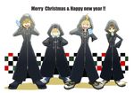  3boys ahoge black_coat_(kingdom_hearts) blonde_hair brown_eyes brown_hair closed_eyes coat dual_wielding eating english food gloves green_eyes hand_on_hip hayner holding ice_cream kingdom_hearts licking multiple_boys olette open_mouth organization_xiii pence pochi-row roxas smile tongue uniform 