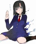  black_hair blue_eyes dissolving itachi_(3dt) kneehighs saki school_uniform short_hair simple_background sitting skirt socks solo touyoko_momoko tsuruga_school_uniform 