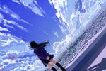  akie_(tyamau0525) arms_behind_back back bad_id bad_pixiv_id black_hair blue_sky building city cityscape cloud cloudy_sky copyright_request day dutch_angle floating_hair from_behind hands_clasped horizon kneehighs legs_apart long_hair long_sleeves miniskirt outdoors own_hands_together pleated_skirt scenery shadow skirt sky solo standing v_arms 