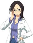  adjusting_eyewear bespectacled breasts brown_hair cleavage eureka_seven eureka_seven_(series) glasses hand_in_pocket labcoat long_sleeves medium_breasts nagian navel simple_background solo talho_yuuki white_background 