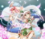  bad_id bad_pixiv_id cherry_blossoms ghost green_eyes hairband hat highres katana konpaku_youmu konpaku_youmu_(ghost) multiple_girls nekosugi_(hoshi) petals pink_eyes pink_hair saigyouji_yuyuko short_hair silver_hair sword touhou weapon 