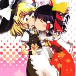  bad_id bad_pixiv_id black_hair blonde_hair blush bow buttons closed_eyes detached_sleeves dress hachi_(8bit_canvas) hair_bow hair_ribbon hakurei_reimu hat heart kirisame_marisa kiss multiple_girls ribbon short_hair simple_background star surprised touhou witch_hat yellow_eyes yuri 