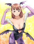  anegasaki_nene animal_print bat_print breasts cleavage cosplay elbow_gloves gloves head_wings large_breasts love_plus mole mole_under_eye morrigan_aensland morrigan_aensland_(cosplay) pantyhose print_legwear purple_wings solo ueyama_michirou vampire_(game) wings 