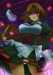  1girl antique_firearm bad_id bad_pixiv_id breasts brown_hair firelock flintlock flower fujiwara_hiro gun handgun large_breasts maid panties red_eyes red_flower shannon_(umineko) solo spider_lily umineko_no_naku_koro_ni underwear weapon 