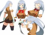  bad_id bad_pixiv_id breasts chouun_shiryuu closed_eyes domu gloves green_eyes grey_hair ikkitousen ikkitousen_dragon_destiny ikkitousen_great_guardians katana large_breasts long_hair open_mouth ribbon school_uniform skirt smile solo sword thighhighs weapon 