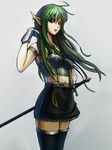  armor bad_id bad_pixiv_id degitalk elf gauntlets green_eyes green_hair long_hair midriff navel original pointy_ears skirt solo sword thighhighs weapon zettai_ryouiki 