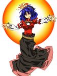  blue_hair breasts hair_ornament highres impossible_clothes impossible_shirt large_breasts leaf leaf_hair_ornament mirror red_eyes rope shimenawa shirt short_hair skirt solo squemezzo touhou yasaka_kanako 