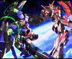  aiming armor battle crossover earth epic glowing gun gundam gundam_00 gundam_unicorn holding holding_gun holding_weapon letterboxed light_particles mecha no_humans nt-d outdoors space star_(sky) unicorn_gundam weapon zb 