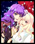  bad_id bad_pixiv_id blonde_hair blush body_blush breasts cleavage close-up crescent dual_persona eyeshadow heart hirose_azumi jewelry large_breasts lips lipstick long_hair macross macross_frontier macross_frontier:_itsuwari_no_utahime makeup multiple_girls necklace one_eye_closed purple_eyes purple_hair scarf sheryl_nome smile 
