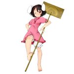 absurdres animal_ears barefoot between_toes black_hair bunny_ears feet full_body hammer highres inaba_tewi one_eye_closed red_eyes reri short_hair solo touhou transparent_background 