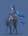  armor bad_id bad_pixiv_id black_legwear blue_hair breasts dagger ganesagi garter_straps gauntlets greaves helmet highres jamadhar large_breasts long_hair original solo thighhighs very_long_hair weapon 