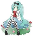  ai_1003 alice_in_wonderland aqua_eyes bad_id bad_pixiv_id blush book bow candy candy_cane dress food gloves hair_bow hair_ribbon hatsune_miku holding holding_book long_hair lowres mushroom ribbon shoes sitting solo striped thighhighs twintails very_long_hair vocaloid 