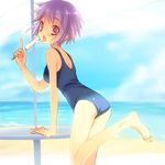  barefoot beach day feet food looking_back ocean one-piece_swimsuit original popsicle purple_eyes purple_hair school_swimsuit short_hair sketch solo swimsuit tongue toranosuke 