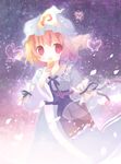  bad_id bad_pixiv_id bug butterfly dress food hat holding insect long_sleeves multicolored_hair no_nose open_mouth petals pink_eyes pink_hair ribbon rise_(teapot) saigyouji_yuyuko short_hair solo touhou wide_sleeves wind 