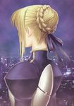  armor armored_dress artoria_pendragon_(all) back blonde_hair braid braided_bun cityscape eyelashes fate/stay_night fate_(series) from_behind gauntlets hair_bun hair_ribbon hidden_face highres juliet_sleeves long_sleeves night night_sky puffy_sleeves ribbon saber sky solo tanaka_takayuki upper_body 