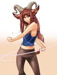  animal_ears armpits brown_hair clenched_hand exercise flat_chest fox_ears fox_tail hairband horns long_hair low-tied_long_hair midriff monster_girl original pants solo sweat tail tank_top yakibuta_(shimapow) yellow_eyes 