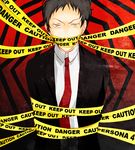  adachi_tooru black_hair bound caution_tape formal keep_out male_focus necktie persona persona_4 petit solo spoilers suit tied_up yellow_eyes 