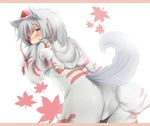  animal_ears bad_id bad_pixiv_id blush from_behind hat inubashiri_momiji leaf maple_leaf nejime pajamas short_hair silver_hair simple_background solo tail tokin_hat touhou wolf_ears wolf_tail yellow_eyes 