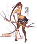  1girl arrow bare_shoulders bow_(weapon) breasts brown_hair cleavage edenfox erect_nipples female full_body headband highres inahime long_hair midriff miniskirt pantyhose ponytail purple_eyes sandals sengoku_musou skirt solo very_long_hair violet_eyes weapon white_background 