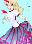  alcohol blonde_hair blush chain cuffs cup drunk horn hoshiguma_yuugi long_hair machiko_(beard) naughty_face red_eyes sakazuki sake saliva see-through simple_background sketch skirt skirt_lift solo striped touhou 