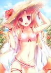  absurdres bikini bow bow_bikini copyright_request cowboy_shot flower frilled_bikini frilled_legwear frills front-tie_top fujisaki_rei hat hibiscus highres innertube lowleg lowleg_bikini navel orange_eyes orange_hair ribbon solo straw_hat swimsuit thighhighs wrist_ribbon 