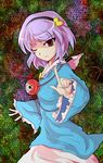  alphes_(style) eyes komeiji_satori mozya one_eye_closed parody purple_hair red_eyes ribbon short_hair solo style_parody touhou 