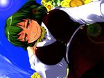  amagasahigasa ascot blush breasts day flower from_below green_hair huge_breasts kazami_yuuka lens_flare looking_at_viewer looking_down red_eyes short_hair skirt skirt_set sky smile solo sunflower touhou vest you_gonna_get_raped 