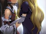  bite_mark blonde_hair brown_hair chin_grab commentary_request detached_sleeves elbow_gloves gloves hakurei_reimu head_out_of_frame kiss long_hair multiple_girls murasaki_kajima profile rain saliva sarashi touhou yakumo_yukari yuri 