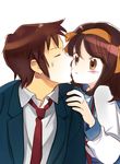  1girl bad_id bad_pixiv_id brown_eyes brown_hair closed_eyes hair_ribbon hairband imminent_kiss kita_high_school_uniform kyon orange_hairband ribbon school_uniform serafuku short_hair suzumiya_haruhi suzumiya_haruhi_no_yuuutsu tab 