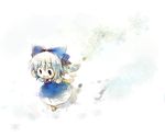  :d blue_hair bow chibi cirno dollar dress hair_bow ice ice_wings open_mouth outstretched_arms smile snow solo spread_arms touhou wings 