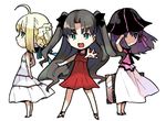  :d adjusting_hair ahoge arm_grab arms_behind_back artoria_pendragon_(all) black_hair blonde_hair blue_eyes casual chibi dress fate/stay_night fate_(series) flat_chest green_eyes hair_bun hair_over_one_eye hair_ribbon hat high_heels long_hair long_sleeves looking_back lowres matou_sakura multiple_girls open_mouth outstretched_arm profile purple_eyes purple_hair ribbon saber sandals shoes short_dress short_hair simple_background skirt smile standing striped sundress takenashi_eri toosaka_rin two_side_up very_long_hair wind 