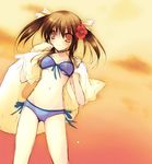  bikini brown_eyes brown_hair flower front-tie_top hair_flower hair_ornament hibiscus original side-tie_bikini sketch smile solo sunset swimsuit toranosuke twintails 