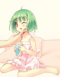  :o barefoot crepe dress fang food food_on_face green_hair macross macross_frontier one_eye_closed pillow ranka_lee red_eyes solo toranosuke younger 