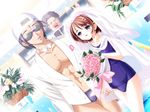  1girl bridal_veil bride brown_hair clothes_writing dress eyebrows_visible_through_hair game_cg goggles groom kayura_yuka long_sleeves old_school_swimsuit one-piece_swimsuit purple_eyes purple_hair school_swimsuit shimano_kanata shimano_maho sukumizu_~fecchi_ni_narumon!~ swimsuit veil wedding wedding_dress yaegashi_nan 