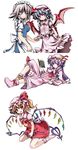  arm_support bat_wings blonde_hair blue_eyes blue_hair book boots choker collage flandre_scarlet hat highres holding_hands impossible_clothes impossible_shirt izayoi_sakuya laevatein long_hair lying maid maid_headdress multiple_girls on_back patchouli_knowledge purple_eyes purple_hair reading red_eyes remilia_scarlet ribbon shirt short_hair side_ponytail silver_hair simple_background sitting smile tomusooya touhou wariza wings wrist_cuffs 