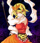  alphes_(style) bishamonten's_spear black_hair blonde_hair hair_ornament light_smile mozya multicolored_hair parody polearm short_hair skirt smile solo spear style_parody toramaru_shou touhou two-tone_hair weapon yellow_eyes 