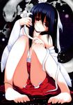  absurdres anklet barefoot black_hair blood duplicate highres japanese_clothes jewelry kimono miko red_eyes sitting snake solo 